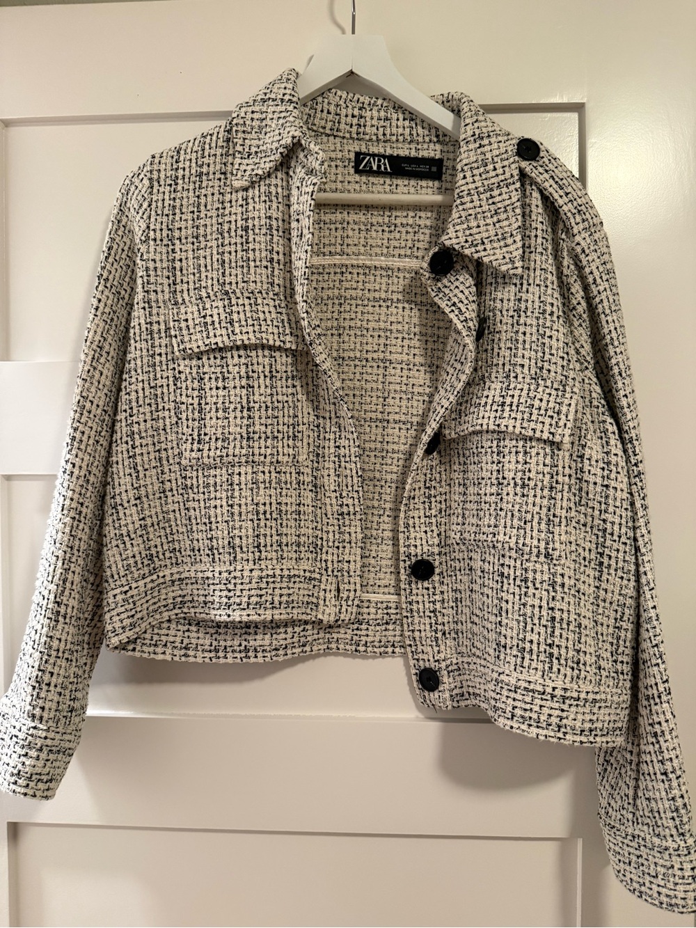 ZARA Black & Cream Textured Tweed Cropped Blazer